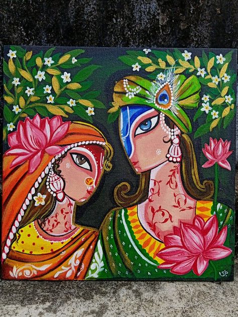 Radha Krishna Art Paintings, Radha Krishna Abstract Art, Madhubani Art Krishna, Indian Art Paintings Easy, God Painting Indian, Canvas Indian Art, Modern Indian Art Paintings, Cultural Drawing, Indian Folk Painting