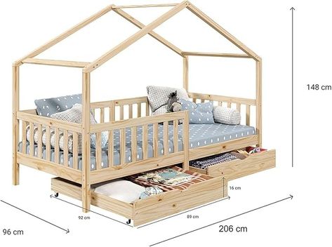 IDIMEX Elea House Bed Made of Solid Pine, Children's Bed with Fall Protection 90 x 200 cm, Play Bed with Roof in Natural : Amazon.de: Home & Kitchen Wooden Bed For Kids, Ideas Cuarto, Play Beds, House Beds For Kids, Fall Protection, Kids Bed, House Beds, Childrens Beds, House Bed