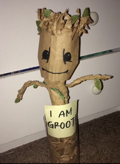 DIY Brown Paper Bag Groot Guardians Of The Galaxy Trunk Or Treat, Groot Bulletin Board, Groot Party Ideas, Homemade Groot Costume, Diy Groot Costume For Kids, Camping Crafts For Kids, Diy Galaxy, I Am Groot, Avengers Party