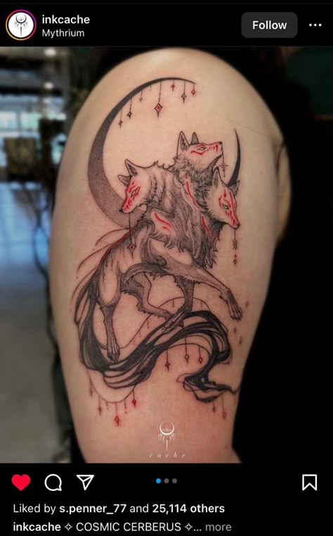 @ inkcache Cerberus Tattoo Simple, Red Black Tattoo, Cerberus Tattoo, Creepy Animals, Cool Tattoo Drawings, Black Tattoo, Matching Tattoo, Tattoo Cover-up, Wolf Tattoo