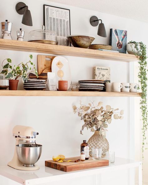 Sconces Over Floating Shelves, Floating Shelves Kitchen, Shelves Kitchen, Transitional Home Decor, Walnut Cabinets, Transitional House, Late Afternoon, Console And Sofa Tables, Cabinet Pulls