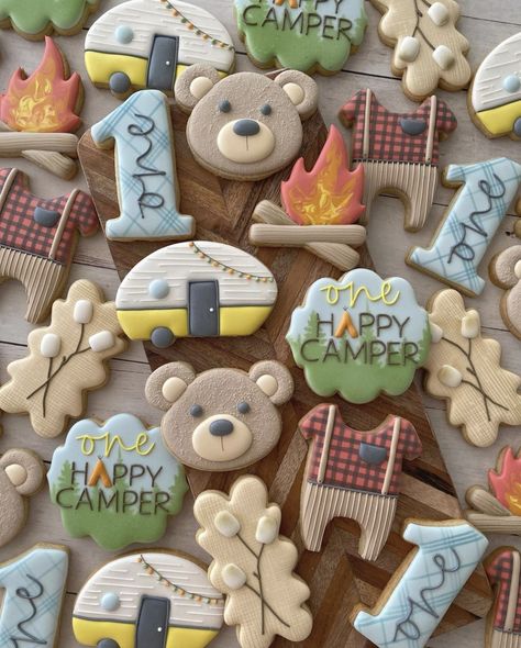 Happy Camper Birthday Party, Camping Cookies, Camping Theme Birthday Party, First Birthday Winter, Camping Theme Birthday, First Birthday Cookies, One Happy Camper, Boys 1st Birthday Party Ideas, Leo Birthday