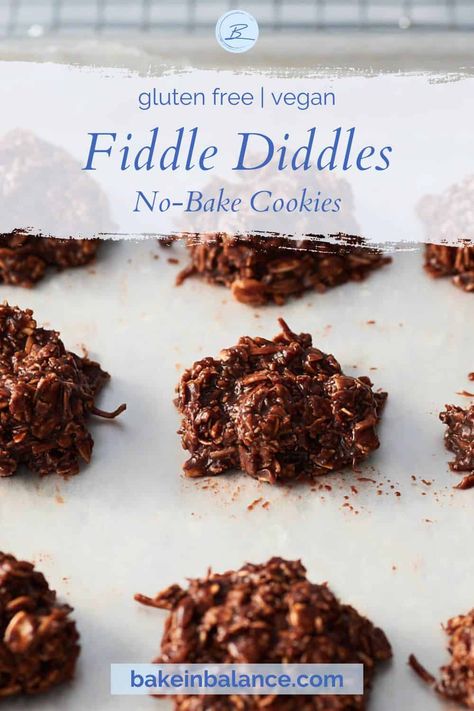 Fiddle diddles are no-bake cookies that are quick and easy to whip. Packed full of oatmeal, coconut and chocolaty goodness. Both gluten free and vegan. | Recipe at bakeinbalance.com | #glutenfreecookies Fiddle Diddles, Recipes Gluten Free, Cookies Gluten Free, Delicious Gluten Free Recipes, Vegan Gluten Free Recipes, Cookie Tray, Quick Oats, Vegan Recipe, Cookie Scoop