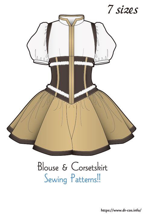 This is the pattern of Puff Sleeve Blouse & Corset Skirt. cm size(A4 size) Children's-140/Ladies'-S,M,L,LL/Men's-L,LL At present, only Japanese. Added the number of fabric meters required for each size Drcos Patterns, Skirt Sewing Patterns, Blouse Corset, Puff Sleeve Pattern, Skirt Pattern Free, Steampunk Skirt, Japanese Sewing Patterns, Sewing Blouses, Dress Illustration