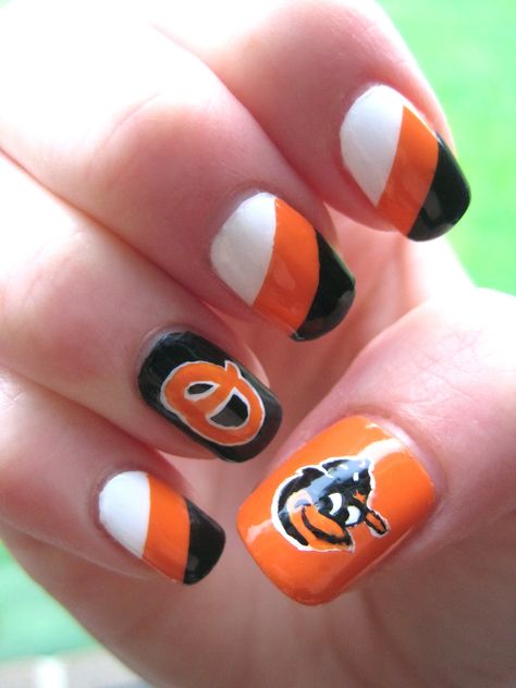 Baltimore Orioles Nails, Orioles Nails, Sf Giants Nails, Baseball Nails, Sports Nails, Oriole Bird, Nails Collection, Baltimore Orioles Baseball, Striped Nails