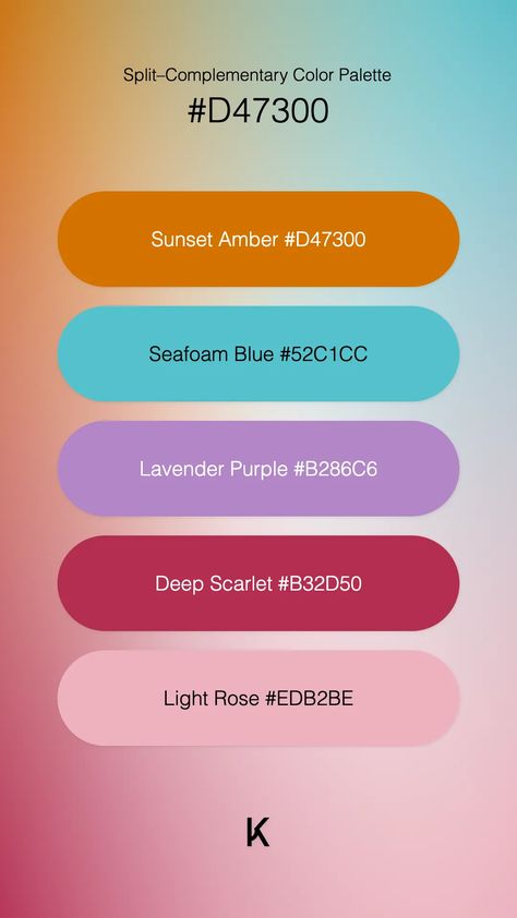 Split–Complementary Color Palette Sunset Amber #D47300 · Seafoam Blue #52C1CC · Lavender Purple #B286C6 · Deep Scarlet #B32D50 · Light Rose #EDB2BE Complementary Color For Purple, Complementary Color Palette, Split Complementary, Split Complementary Colors, Colour Pallets, Create Color Palette, Seafoam Blue, Hex Color Palette, Light Rose