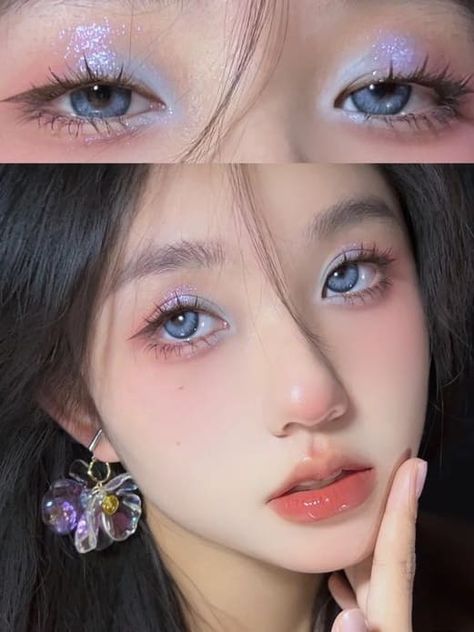 glitter eyeshadow look: icy blue glitter accent Makeup Look Douyin, Douyin Makeup Look, Glitter Eyeshadow Looks, Makeup Layout, Blue Makeup Looks, New Years Eve Makeup, Cute Eye Makeup, Ethereal Makeup, Eye Makeup Designs