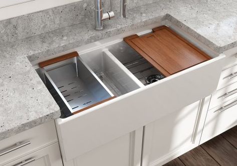 NUOVA 34D Farmhouse Short Apron Front Fireclay 34" Double Bowl Kitchen Sink for easy Retro-Fit - White Double Basin Kitchen Sink, Sink With Accessories, Apron Front Kitchen Sink, Fireclay Farmhouse Sink, Apron Front Sink, Farmhouse Apron, Apron Sink, Sink Sizes, Beach House Kitchens