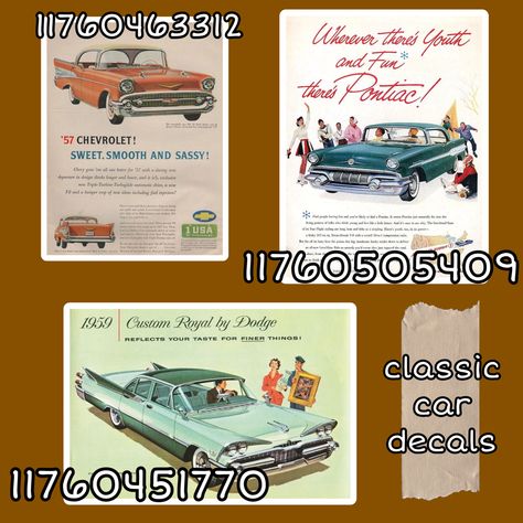 Retro Poster Bloxburg, Retro Decal Codes Bloxburg, Bloxburg Car Picture Codes, Bloxburg Retro Diner Decals, 60s Bloxburg House, Roblox Diner Decals, Bloxburg Retro Diner Decal Codes, Bloxburg Decals Codes Country, 80s Bloxburg Decals