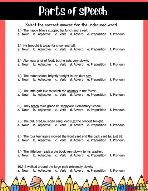 Parts Of Speech Test, Parts Of Speech Exercises, Parts Of Speech Worksheet, English Exam Papers, Parts Of Speech Games, Parts Of Speech Practice, Speech Worksheets, Eight Parts Of Speech, Parts Of Speech Activities