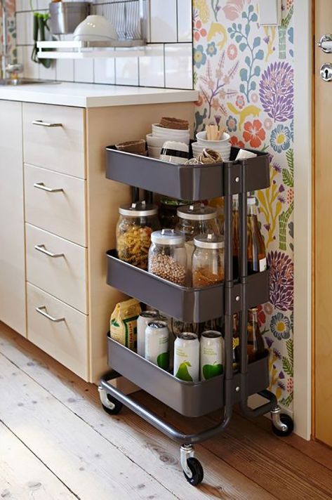 Head Turning Farmhouse Kitchen IKEA Hacks - The Cottage Market Raskog Ikea, Ikea Raskog Cart, Ikea Raskog, Apartment Storage, Small Kitchen Organization, Small Pantry, Ideas Para Organizar, Apartment Organization, Rolling Cart