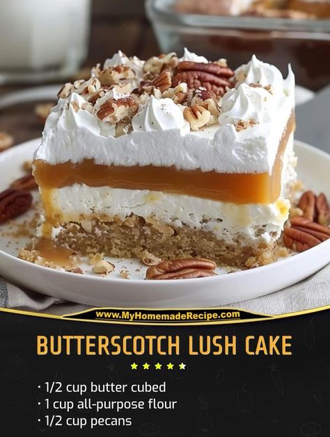 Butterscotch Lush Dessert, Butterscotch Lush, Butterscotch Pudding Recipes, Lush Dessert, Lush Cake, Alfredo Sauce Recipe Easy, Butterscotch Cake, Layered Dessert, Butterscotch Pudding