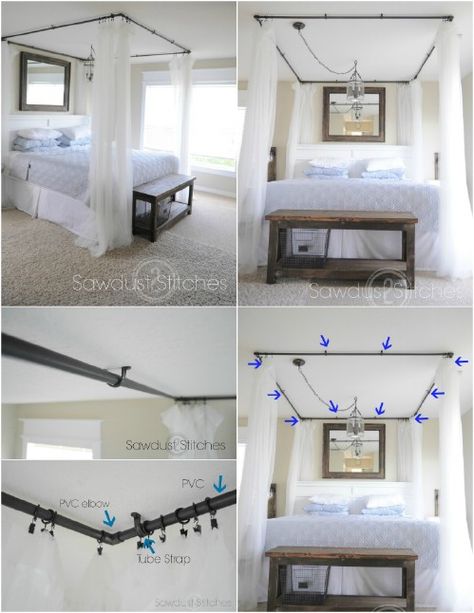 PVC Pipe Curtains; could cover top with a piece of fabric to be a real canopy/hide some piping Diy Keramik, Canopy Bed Diy, Diy Canopy, Hemma Diy, Bed Canopy, Canopy Bed, Diy Curtains, Diy Bed, My New Room