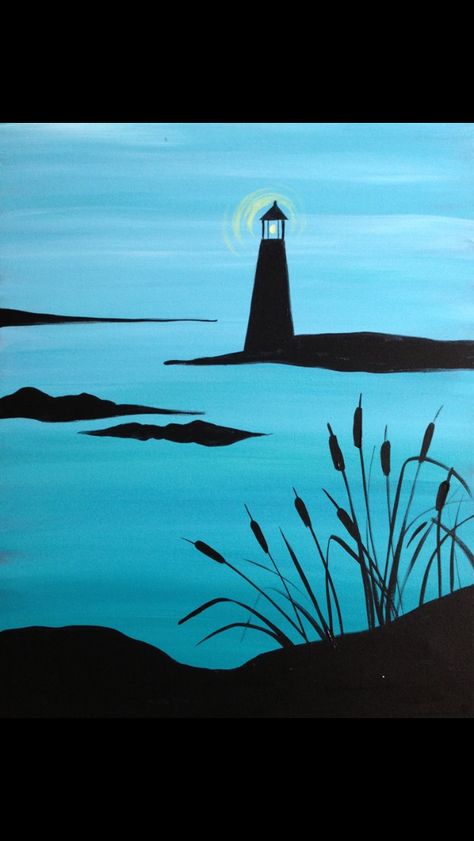 Lighthouse acrylic Acrylic Markers, Wine And Canvas, Lighthouse Painting, Silhouette Painting, Seni Cat Air, Lukisan Cat Air, Night Painting, Pastel Art, Painting Art Projects