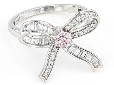 Bella Luce® pink and white diamond simulants 0.55ctw baguette and round, rhodium over sterling silver bow ring. Measures approximately 0.81"L x 0.63"W and is not sizeable. The diamond equivalent weight is 0.33ctw. Xoxo Jewelry, Bow Ring, Pink Bling, Girly Accessories, Silver Bow, Diamond Simulant, Jewelry Lookbook, Pink Jewelry, Pretty Rings