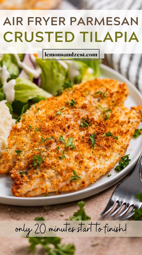 Air Fryer Tilapia, Parmesan Crusted Fish, Air Fryer Fish Recipes, Parmesan Crusted Tilapia, Haddock Recipes, Pescatarian Diet, New Air Fryer Recipes, Pescetarian Recipes, Crusted Tilapia