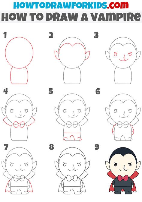 The Vampire Diaries Sketches, Cartoon Vampire Drawing, Vampire Easy Drawings, How To Draw Vampire, How To Draw A Vampire, How To Draw Halloween Stuff Step By Step, Vampire Drawing Easy, Easy Halloween Drawings Step By Step, Cute Vampire Drawing