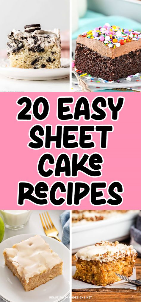 Looking for an easy and delicious dessert option? Try one of these amazing sheet cake recipes that are perfect for any occasion. From birthdays to potlucks, you'll find something to satisfy your sweet tooth. You'll find Banana Sheet Cake, Cookies and Cream Sheet Cake, Pumpkin Sheet Cake, Vanilla Sheet Cake, Chocolate Sheet Cake and more. Delicious Sheet Cake Recipes, Sheet Pan Cake Decorating Ideas, Sheet Cake From Box Cake, Sheet Cake Flavors, Birthday Cake Sheet Cakes, Cake For 30 People, Simple Birthday Sheet Cake, Sheet Cake Birthday Cake Ideas, Sheet Pan Cake Recipes