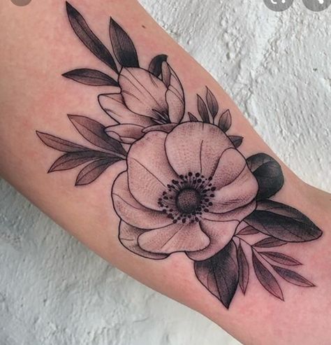 Japanese Anemone Drawing, Black And White Poppy Tattoo, Anenome Flower Tattoos, Violet Flower Tattoo Black And White, Anemone Flower Tattoo, Tattoo Shadow, Anenome Flower, Narcissus Tattoo, Anemone Tattoo