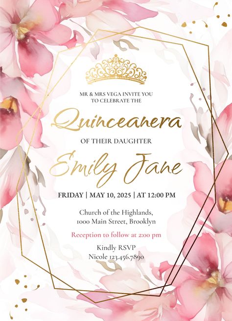 An easy-to-edit invitation template for Google Docs. Free Quinceanera Invitation Templates, Wedding Ceremony Script, Quinceanera Invitation, Party Invite Design, Wedding Guest List, Free Invitation Templates, Quinceanera Invitations, Holiday Party Invitations, Create Invitations