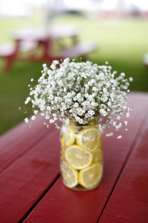 Fruit In Vases Centerpieces, Lemon Centerpiece Ideas, Lemon Floral Centerpiece, Blue And Lemon Party Decor, Lemon And Blue Flower Arrangements, Lemon Mason Jar Centerpieces, Lemon Favors, Lemon Baby Shower Theme, Lemon And White Flower Centerpiece