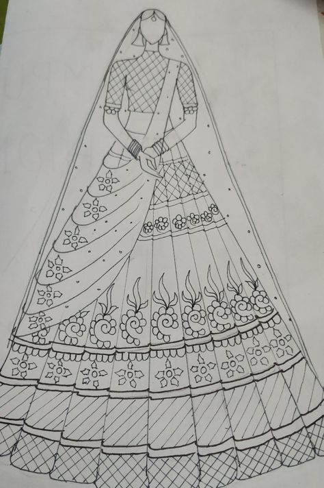 Bridal Lengha Illustration Sketch, Saree Design Drawing Sketches, Lehnga Drawings, Bridal Illustration Sketches, Lehnga Sketching, Lehenga Designs Sketches, Bridal Lehenga Illustration Sketches, Fashion Illustration Sketches Dresses Gowns Beautiful, Fashion Illustration Dresses Gowns