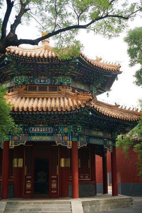 Yonghe Temple tibetan lama temple in Beijing. Tibetan Buddhist monastery,palace. Dongcheng District, Beijing, PRC. Inception 1694.Yonghe Temple (Chinese: 雍和宫, "Palace of Peace and Harmony"), also known as the Yonghe Lamasery, or popularly as the Lama Temple, is a temple and monastery of the Gelug school of Tibetan Buddhism located in Dongcheng District, Beijing, China. The building and artwork of the temple is a combination of Han Chinese and Tibetan styles. Chinese Buddhist Temple, Buddhist Monastery Aesthetic, Japanese Buddhist Temple, Japanese Temple Interior, Chinese Monastery, Buddhist Temple Interior, Monastery Aesthetic, Temple Chinese, Buddha Story