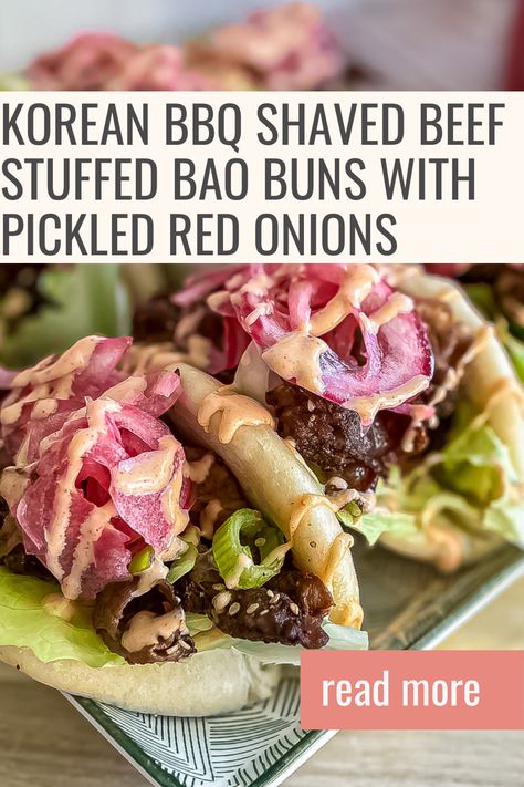 Korean Beef Bao Buns, Beef Bao Buns, Bao Buns Recipe, Shaved Beef Recipe, Bao Recipe, Shaved Beef, Korean Bbq Beef, Wraps Recipes, Red Onion Recipes