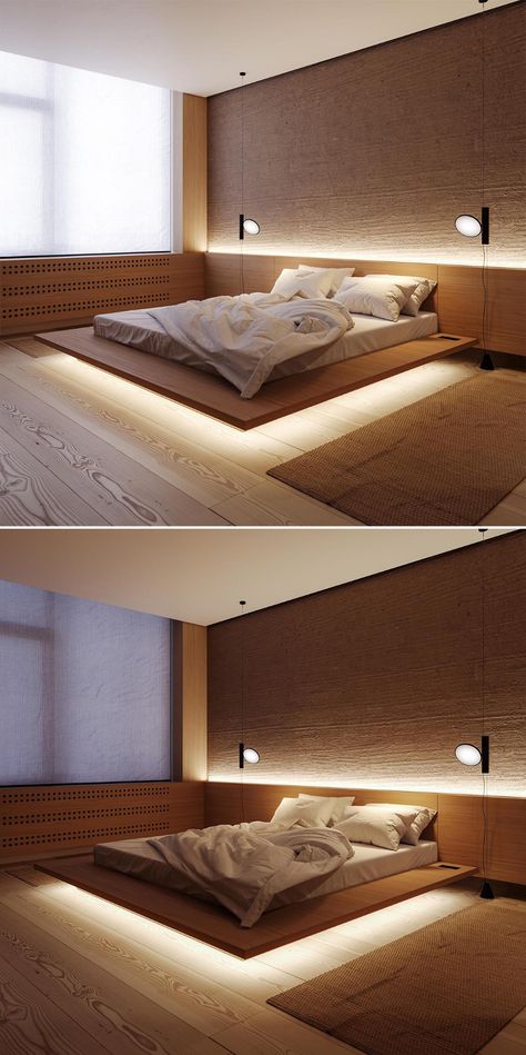 LED Lighting Allows This Bed To Appear As If It's Floating Emily Room, Under Bed Lighting, Bed Frame Plans, Floating Bed Frame, Led Beds, Bed With Led Lights, Bed Frame Design, Floating Bed, Luxury Bedroom Design