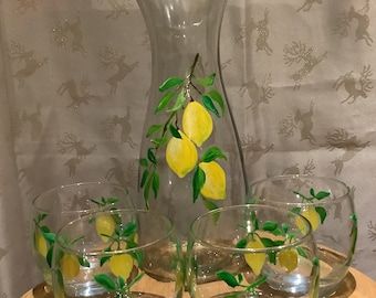 Painted Glass Vases, Painted Slate, Summer Garden Party, Lemon Patterns, Hand Painted Vases, Sunny Afternoon, Glass Carafe, Painted Vases, Beautiful Centerpieces