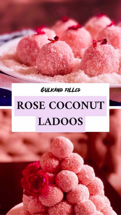 Coconut ladoo recipe (or coconut laddu) is one of the most Ubiquitously eaten desserts in India. Every festival season calls for lots of sweets and ladoo is the unofficial national sweet of India. Be it Holi, Diwali, Eid, or the forthcoming Rakhi, Moms all over India start making Ladoo in shockingly large batches. This Coconut Ladoo Recipe is exceptionally tasty, melt in your mouth kinda soft and filled with delicious gulkand. And its very easy to make in large batches! So this festive season, Gulkand Desserts, Diwali Mithai Recipes Easy, Diwali Recipes Sweets, Diwali Dessert Ideas, Easy Diwali Sweets Recipe, Eid Sweets Recipes, Rose Coconut Ladoo, Diwali Baking, Easy Eid Recipes