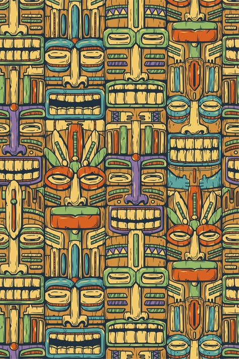 Surfing tiki mask hawaii wooden tiki mask for trendy bar. Traditional ethnic idol and hawaiian surf, maori or polynesian. Design old tribal totem. Seamless pattern #tiki #surfing #mask #pattern #seamless #hawaii #tiki bar #surf #idol #traditional #monstera #tribal #statuette #shaka #tiki mask Hawaiian Bar Ideas, Hawaii Print Pattern, Tiki Mask Art, Hawaii Pattern Design, Maori Wallpaper, Polynesian Wallpaper, Hawaiian Wallpaper Iphone, Tiki Background, Tiki Illustration