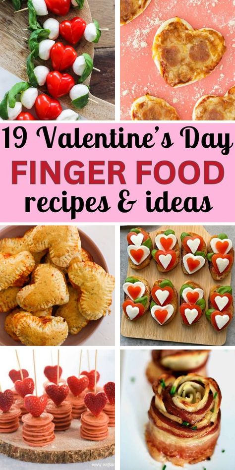 19 Party Finger Food for Valentine’s Day and six photos of easy finger food recipes for valentine's day party: caprese skewers, heart shaped pizza, heart shaped calzones, potato rose, mini strawberry pancakes, sandwiches Fondue Valentines Day, Savory Valentines Day Snacks, Valentines Day Appetizers Easy, Valentine’s Day Party Appetizers, Valentine Finger Foods, Class Party Snacks, Valentines Snack Ideas, Valentines Day Appetizers, Valentine Appetizers