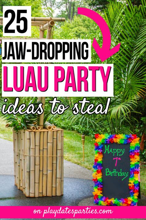 Luau Entrance Decorations, Lei Party Display, Adult Luau Party Games, Make Your Own Lei Station, Backyard Luau Party Decorations, Backyard Hawaiian Decor, Diy Palm Tree Decorations Party Ideas, Luau Party Center Piece Ideas, Luau Theme Backdrop