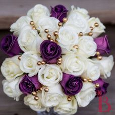 Purple White And Gold Bouquet, Purple And Gold Bouquet, Plum And Gold Wedding, Gold Bridal Bouquet, Formal Flowers, Purple Gold Wedding, Bridal Bouquet Purple, Pearl Wedding Decorations, Gold Wedding Bouquets