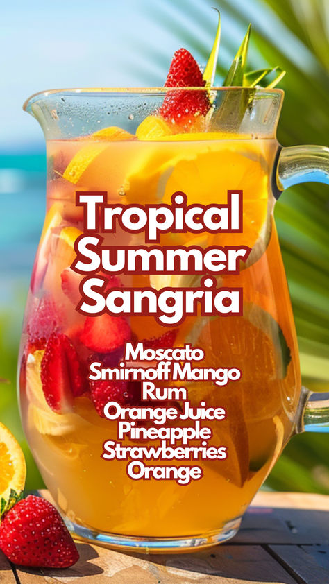 Tropical Summer Sangria Summer Cocktail Punch Recipes, Fruit Cocktail Drinks Recipes, Sparkling Sangria Recipes, Summer Punch Alcohol, Summer Drink Recipes Alcoholic, Refreshing Summer Drinks Alcohol, Sangria Recipes Easy, Summer Alcoholic Drinks, Summer Mixed Drinks