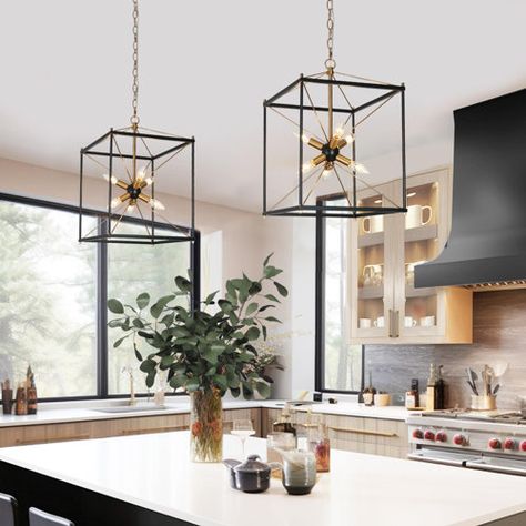 Everly Quinn Marval 8-Light Sputnik Geometric Chandelier | Wayfair Modern Kitchen Pendants, Cage Chandelier, Classic Chandelier, Chandelier Metal, Lantern Chandelier, Rectangle Chandelier, Gold Kitchen, Lighting Decor, Geometric Chandelier