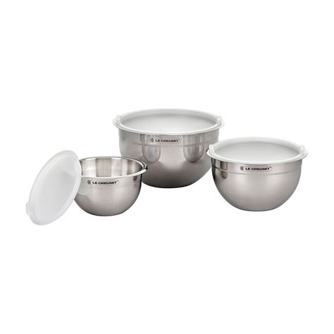 Stainless Steel Mixing Bowls with Lids, Set of 3 | Le Creuset® Official Site Mixing Bowls With Lids, Le Creuset Set, Bowls With Lids, Enameled Cast Iron Cookware, Mixing Bowl Set, Stainless Steel Mixing Bowls, Silicone Lid, Stainless Steel Cookware, Mixing Bowls Set