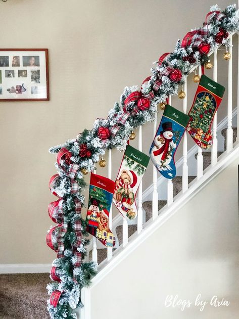 Stockings On Staircase, Diy Outdoor Christmas Decor, My Sons Birthday, Flocked Garland, Hanging Christmas Stockings, Outdoor Christmas Decor, Christmas House Lights, Elegant Christmas Decor, Christmas Fireplace Decor