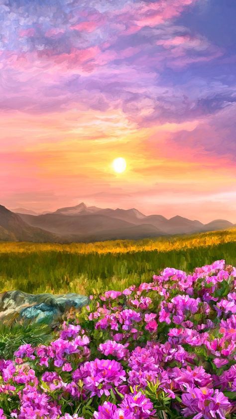 Meditation Artwork, Wallpaper For Mobile, Breathtaking Photography, Cute Wallpaper, Landscape Art Painting, Garden Painting, Beautiful Landscape Wallpaper, Flower Art Painting, Colorful Landscape