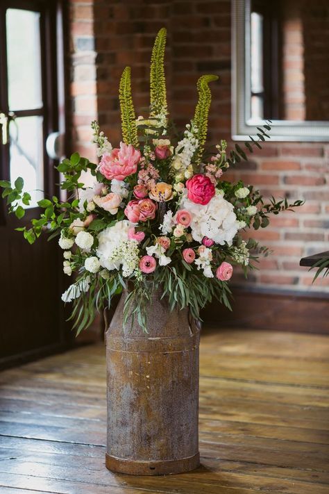 Milk Churns Wedding, Milk Churn Flower Arrangements, Milk Churn Wedding Flowers, Rustic Arrangements, Milk Churn, Large Flower Arrangements, Spring Floral Arrangements, Flower Arrangements Simple, Wedding Table Flowers