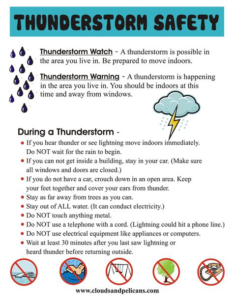 Thunderstorm Safety Tips Tornado Safety Tips, Safety Worksheets, Lightning Safety, Teaching Safety, Summer Safety Tips, Survival Skills Emergency Preparedness, Thunder Storm, Summer Safety, Weather Science