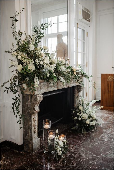 Wedding Flower Fireplace, Mantel Decor Wedding, Wedding Fireplace Florals, Mantel Floral Arrangements Wedding, Fireplace Ceremony Wedding, Alter Arrangements Wedding, Fireplace Floral Arrangements, Fireplace Wedding Flowers, Floral Mantle Decor