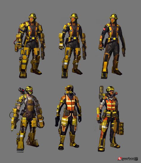 Concept art for Borderlands 2 for Enemy Hyperion Engineer, first sketch set Space Engineer Character Design, Sci Fi Engineer Concept Art, Engineer Concept Art, Hyperion Borderlands, Sci Fi Engineer, Borderlands Concept Art, Borderlands Hyperion, Future Technology Concept, Borderlands Art