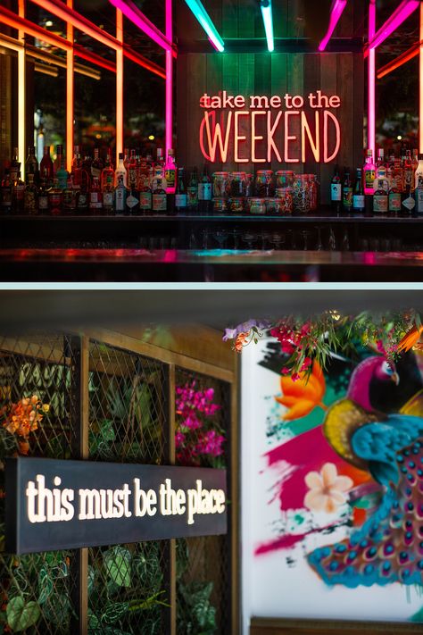 Take me to the weekend. This must be the place. Funky street food indian restaurant concept. Tamatanga Leeds. Colourful, bold, vibrant, neon lights with planting, murals. Graffiti, peacock mural. LED lighting rainbow. Graffiti Restaurant Design, Instagrammable Interior, Graffiti Restaurant, Funky Restaurant, Street Food Indian, Peacock Mural, Neon Bar Lights, Sport Bar Design, Cool Restaurants