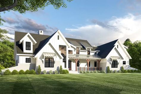 5-Bed Modern Farmhouse Plan with Unique Angled Garage (Floor Plan) - BostonBikes House Plan With Theater Room, House Plan With Game Room, Big Farmhouse Plans, Luxury Modern Farmhouse Plans, House Plans Under 3000 Sq Ft, House Plan With Guest House, Farmhouse Mansion Floor Plans, 5 Bedroom Ranch House Plans, 5 Bedroom Farmhouse Plans