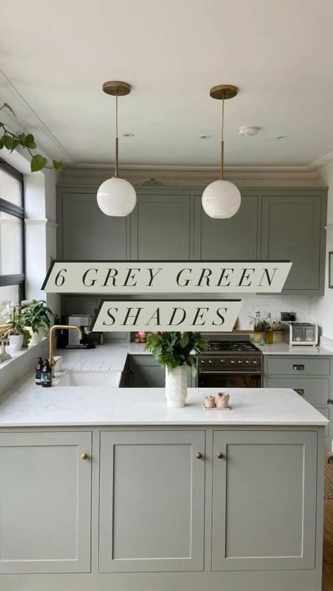 Farrow & Ball on Instagram: “6 Grey Greens 🌿 From soothing #FrenchGray, to soft and calming #Mizzle, grey green shades create the most relaxing spaces wherever used.…” Grey Kitchen Green Accents, Mizzle Kitchen Walls, 2 Tone Kitchen Cabinets Green, Farrow And Ball French Grey Hallway, Mizzle Kitchen Cabinets, Grey Kitchen Green Walls, Kitchen Wall Colour Ideas Grey Units, Mizzle Farrow And Ball Kitchens, Sage Grey Kitchen