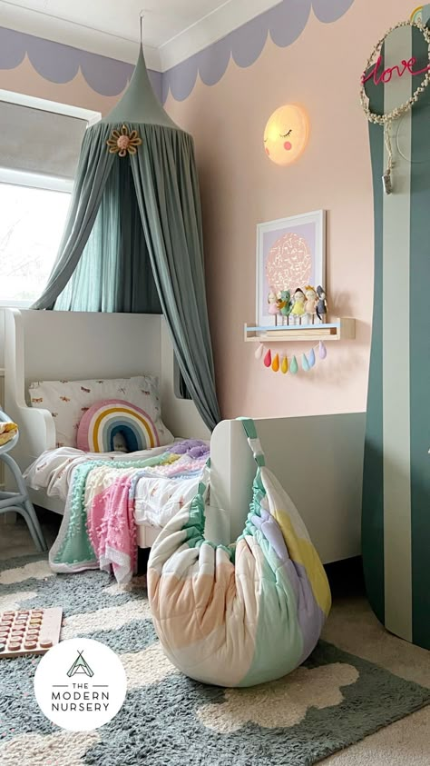 What could be better than a room full of pastel rainbow colours and unicorns? For kids room inspiration in any theme you can imagine, come and take a peak at our inspiration hub! Rainbow Childrens Bedroom, Scandi Girls Bedroom, Toddler Girl Bedroom Rainbow, Pastel Rainbow Girls Bedroom, Colourful Girls Bedroom, Unicorn And Rainbow Bedroom, Scandi Rainbow Bedroom, Pastel Girls Bedroom, Toddler Bedroom Girl Colourful