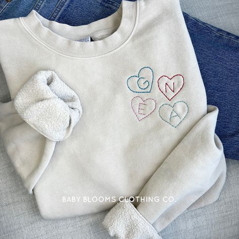 Hand Embroidered Valentines Sweater, Embroidered Valentines Shirt, Hand Embroidery Clothing, Valentine’s Day Embroidery, Embroidery Sweatshirt Ideas, Valentine Crewneck, Valentines Embroidery, Embroidery Designs For Kids, Valentines Embroidery Designs