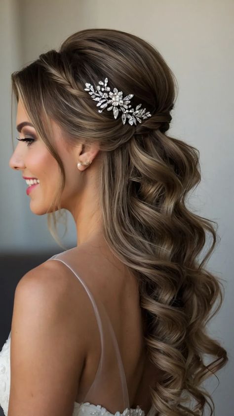 Timeless Elegance: 11 Down Bridal Hairstyles for the Modern Bride** ** - Inspire Inlet Bride Hairstyles With Accessories, Wedding Long Hairstyles Half Up, Half Up Wedding Hair With Braid, Half Up Half Down Hair With Headband, Half Up Half Down Wedding Hair Braids, Half Up Bridal Hair Medium Length, Bridal Hairstyle With Headband, Elegant Half Up Half Down Hairstyles Classy, Long Hair Wedding Styles Half Up